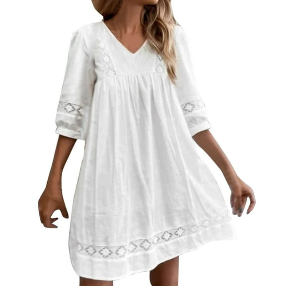 Adeawade Fall Dresses For Women Summer Lace Boho Dresses V Neck Short Sleeve Dress Beach Dress Swing Dress Slim Lace Midi Dress Basic Elegant Clothes White L
