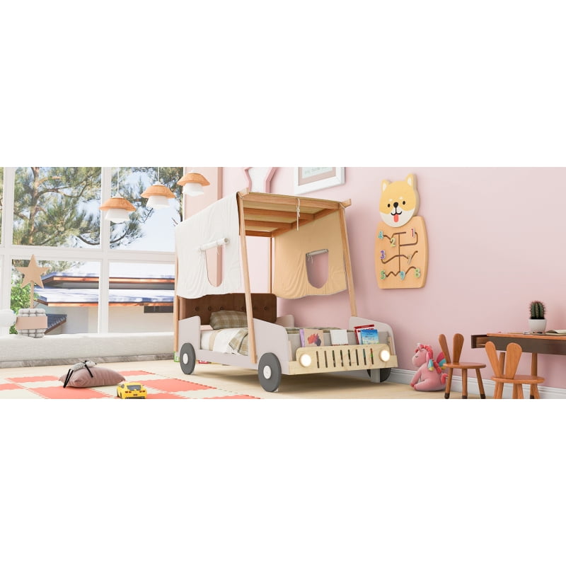 [Luckynote]Wood Twin Size Car Bed with Pillow, Ceiling Cloth and LED, Natural