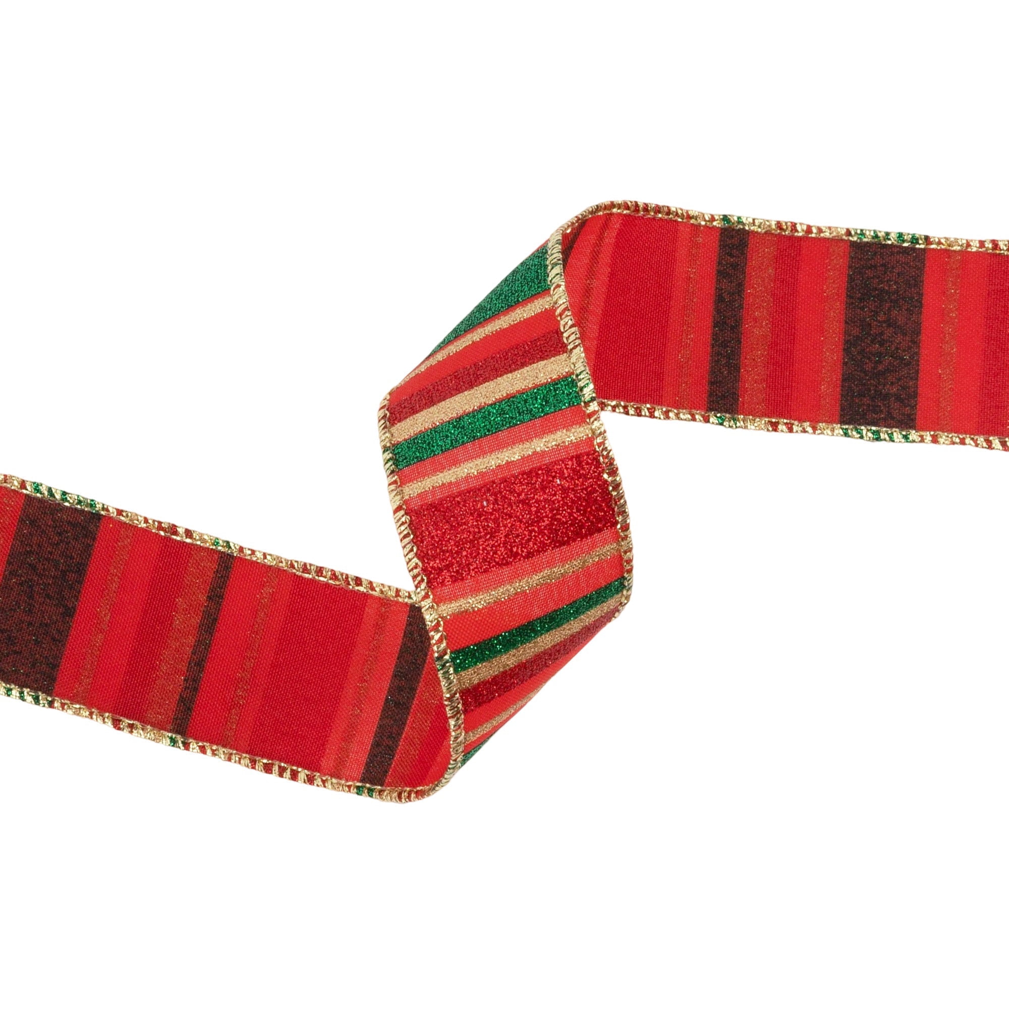 LaRibbons 1 1/2" Wired Ribbon, Red, Green, Gold Horizontal Glittered Stripes on Red, 10 Yard Roll