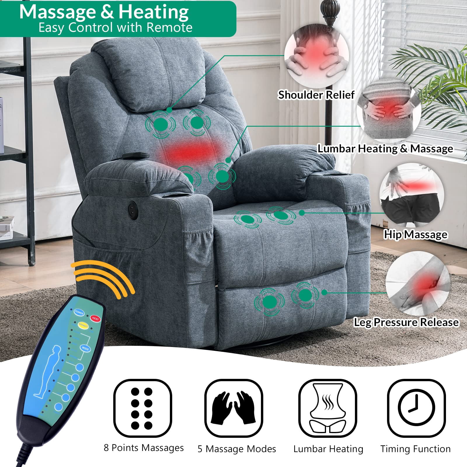 VIVIJASON Manual Massage Rocker Recliner Chair, 360° Swivel Glider Lounge Chair with Heat Ergonomic Home Theater Recliner Sofa with 2 Cup Holders, Side Pockets & USB Ports for Living Room, Bluish Grey