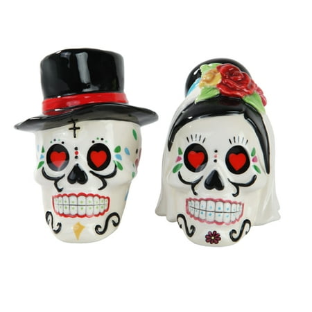 Day of the Dead Bride and Groom Skulls Ceramic Salt and Pepper Shakers