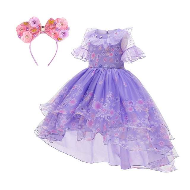 Encanto Robe Costume pour Filles Mirabel Déguisement pour Enfants Tout-Petits Isabella Tenue de Costume d'Halloween Cosplay avec Bandeau