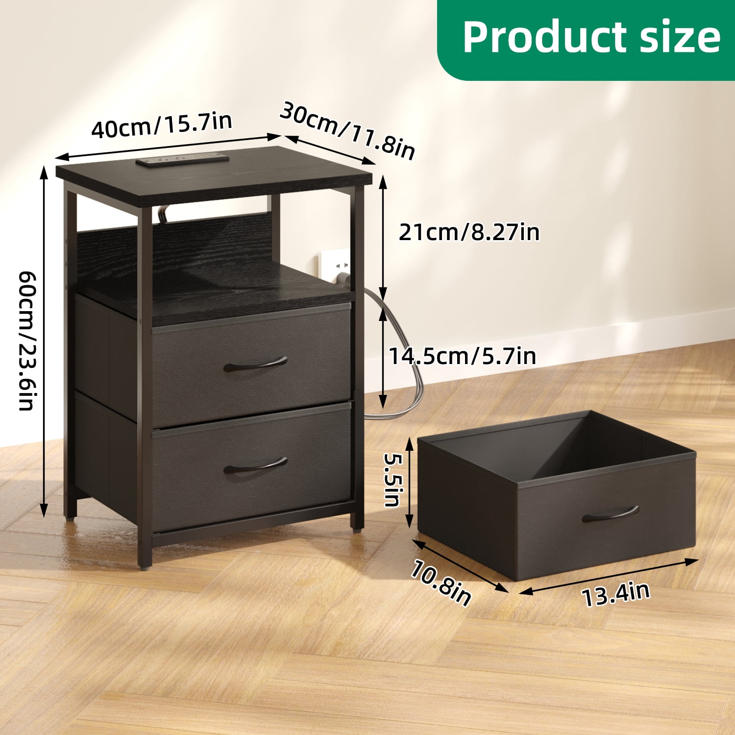 TOMNK Night Stand Set of 2, Nightstand with Charging Station, End Table, Bed Side Table, Black