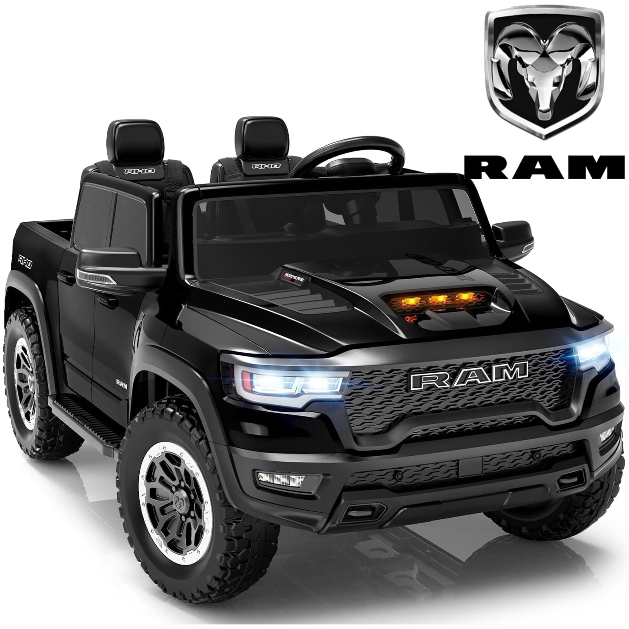 RAM 24V Ride on Cars for Kids, RAM 1500 RHO 2 Seat Battery Powered Ride on Toys with Remote Control, 4 Wheels Suspension Trunk, LED Light, MP3 Player, Electric Car for Kids Boy Girl Gift, Black