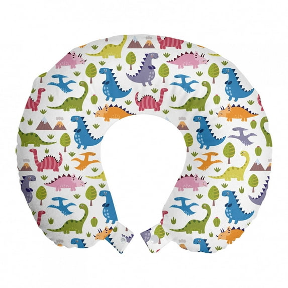 Dino Travel Pillow Neck Rest, Cartoon Style Colorful Dinosaurs T-Rex Triceratops Prehistoric Reptile Wildlife, Memory Foam Traveling Accessory Airplane and Car, 12", Multicolor, by Ambesonne