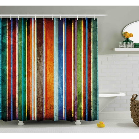 Stripes Shower Curtain Vertical Lined Colorful Retro Bands With Damage Effects Old Fashion Weathered Display Fabric Bathroom Set Hooks 69w X
