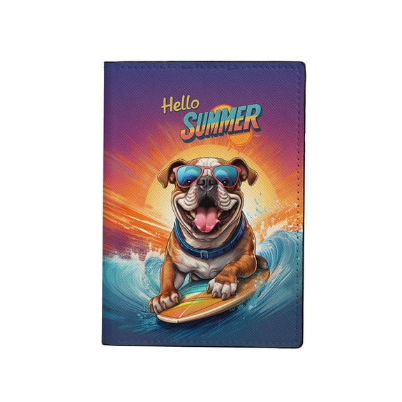 Retro Surfing Bulldog in Cool Sunglasses Hello Summer Waves Travel Passport Wallet Dog Lover Gifts Idea PU Leather Passport Holder Cover - 10001