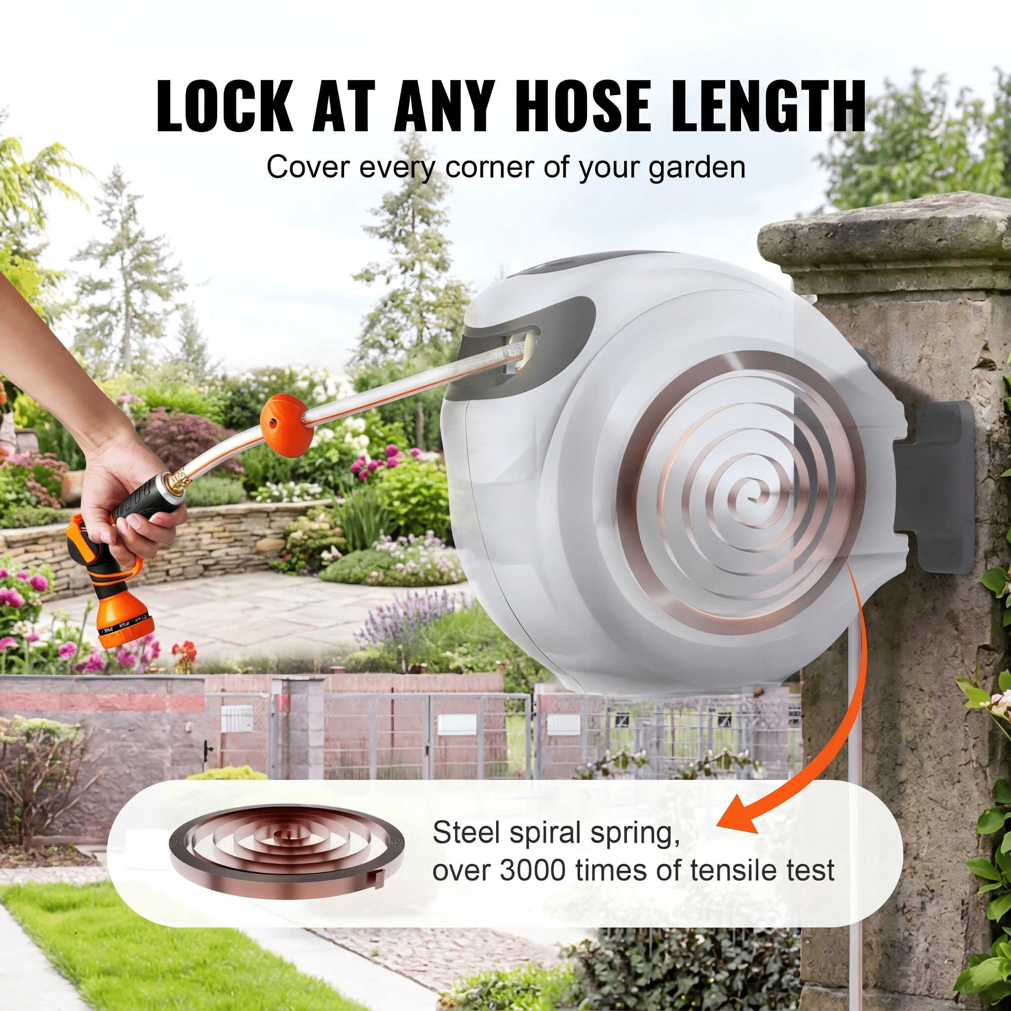 Retractable Hose Reel 65 ft x 5/8 inch, Wall-Mounted Garden Hose Reel with 180° Swivel Bracket, 9-Pattern Nozzle, Automatic Rewind, Lock at Any Length, Slow Return System