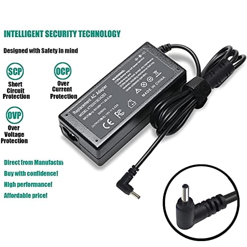 cargador de ca para acer swift spin 1 3 5 sp111-33 sp111-32n sf314-51 Negra adaptador rectangular con cable enrollado y conector angular 90°; carcasa negra con etiqueta técnica legible y entrada para cable de corriente sobre fondo blanco. También suele usarse como reemplazo de cargador de viaje compacto para portátiles Acer compatibles.