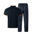 thumbnail image 5 of mihongmao Summer Mens Outfits Gym Sets Vacation Outfits Men's Solid Color Short Sleeve V-neck Pocket T-shirt Straight Pants Set Navy M, 5 of 5
