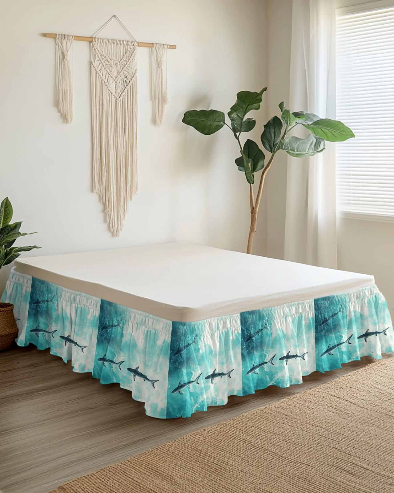 Ocean Shark Wrap Around Bed Skirts for Queen Bed 16" Drop, Bed Skirt with Adjustable Elastic Belt Dust Ruffle Bed Valance for Bedroom Hotel Luxury Teal Green Wave Summer Beach Coastal Bed Frame Cover