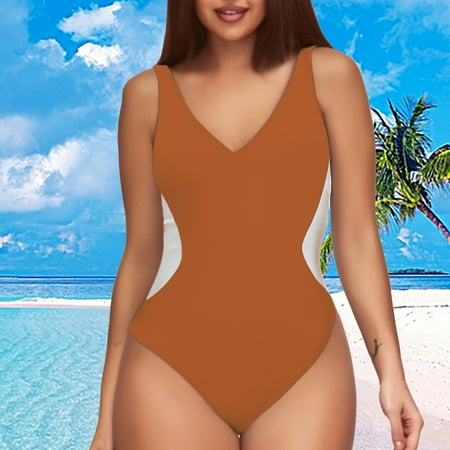 IDALL One Piece Swimsuit Women Tummy Control Swimsuits Women s Swimsuit Slimming Bathing Suit Deep V Neck Color Block Back Swimwear Bathing Suit Swim Suits for Women 2025 Orange M
