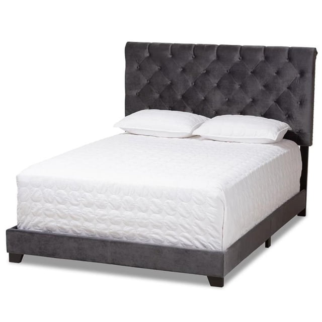 Allora Velvet Modern Button Tufted Velvet Fabric Queen Bed in Dark Gray