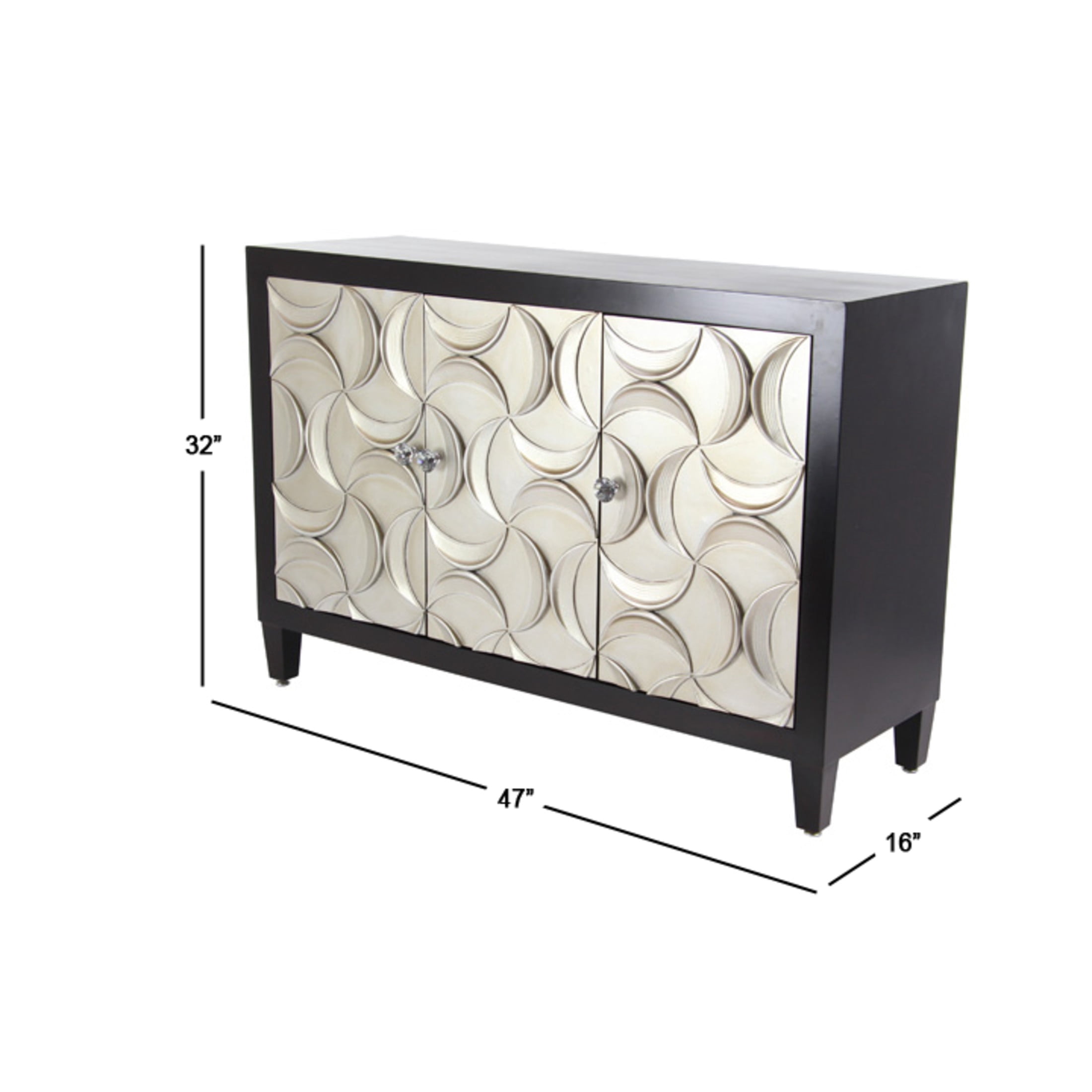 DecMode Modern Wood 3 Door Cabinet with Black/Silver Finish and Crescent Moon Design, 47"W x 32"H