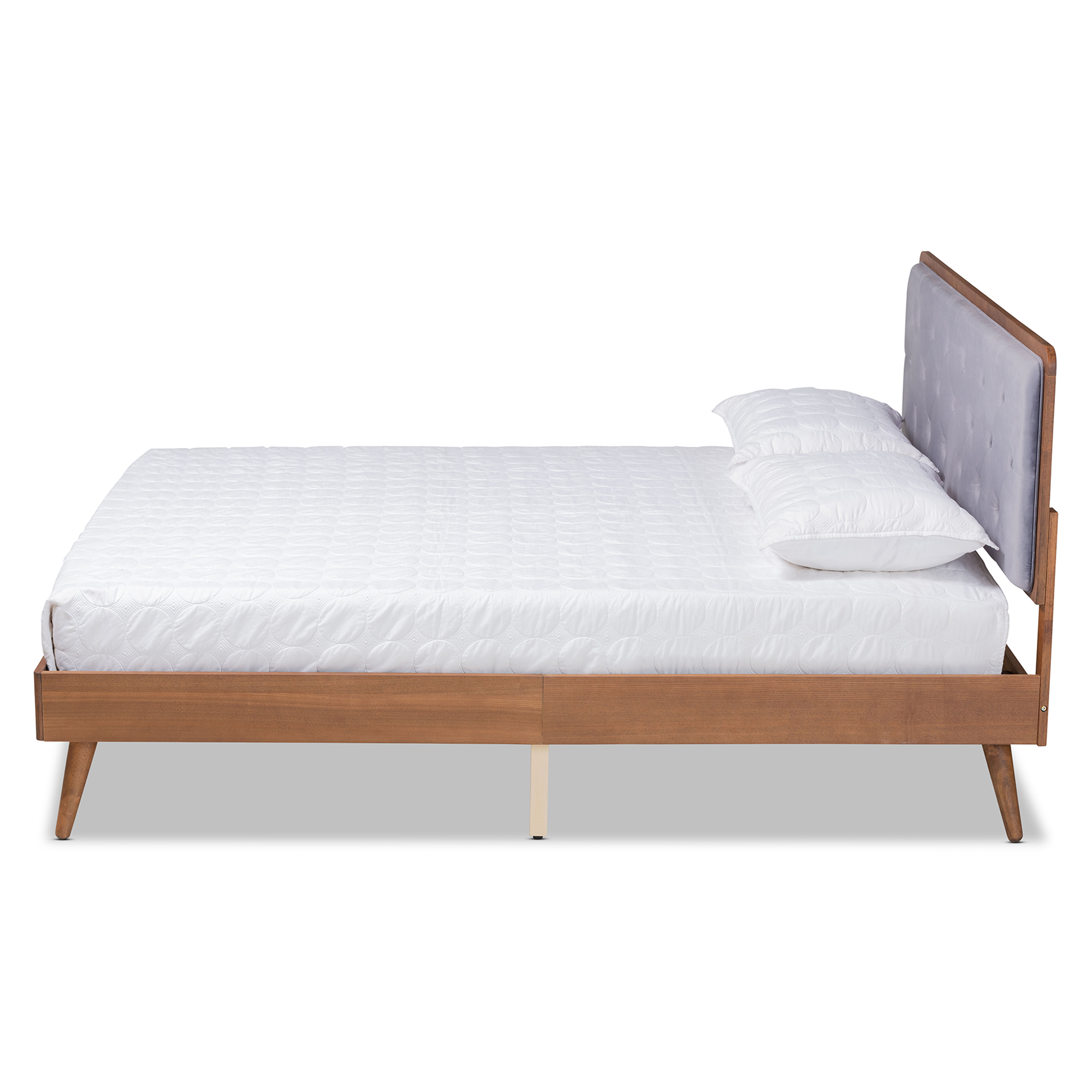Baxton Studio Larue Modern and Contemporary Grey Velvet Fabric Upholstered and Walnut Brown Finished Wood King Size Platform Bed