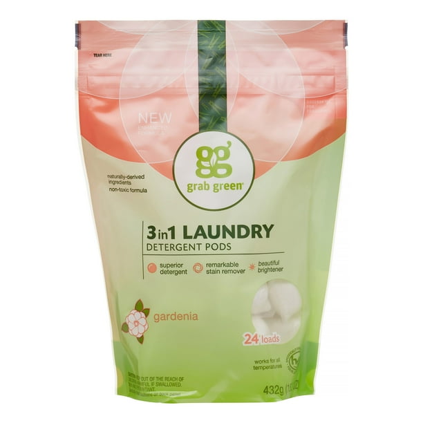 Grab Green Natural 3 in 1 Laundry Detergent PreMeasured Powder Pods, Gardenia, 24 Loads