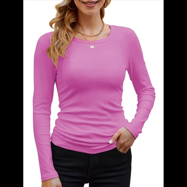 Camisetas Básicas Ajustadas Informales de Cuello Redondo y Larga Acanaladas para Mujer Rosa Brillante M