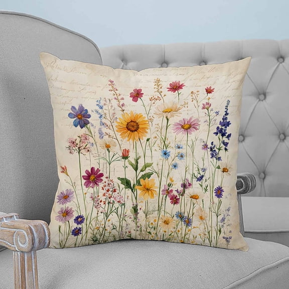 Botanical Floral Throw Pillow Covers, Soft Pillowcases with Invisible Zipper, Retro Purple Pink Yellow Wildflowers Decorative Square Pillow Cushion Covers for Living Room Couch Sofa Bed 20x20 Inches