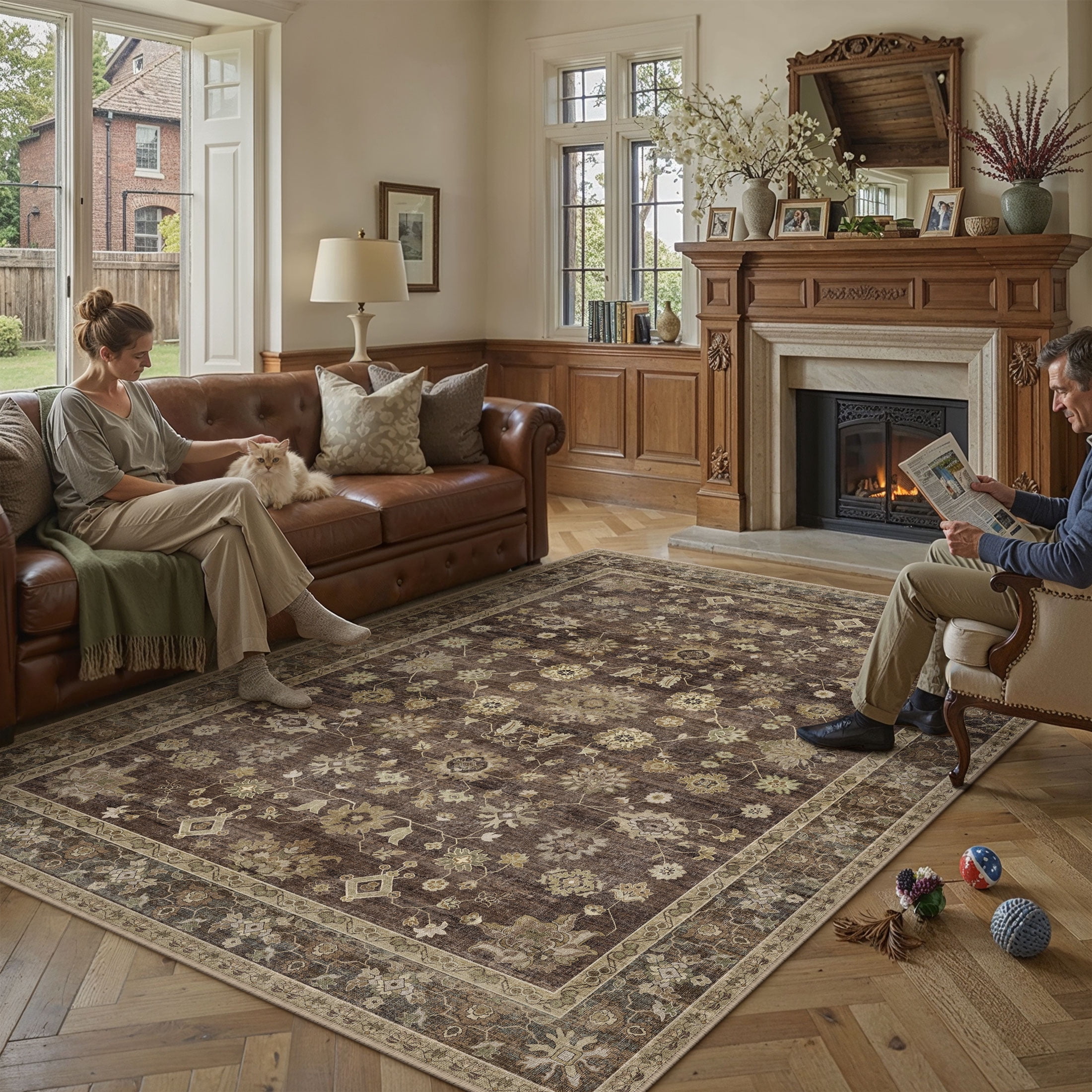 BERTHMEER 8'x10' Area Rugs for Living Room Large Vintage Brown Carpets for Bedroom Office Machine Washable Farmhouse Dining Room Oriental Rugs Non Slip Traditional Distressed Rugs