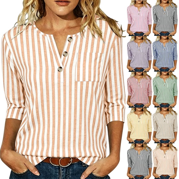Purcolt 3/4 Length Sleeve Shirts for Women Dressy Casual Stripes Button V Neck Blouses Comfort Loose Fit Layered Tunic Tops Loungewear with Pockets