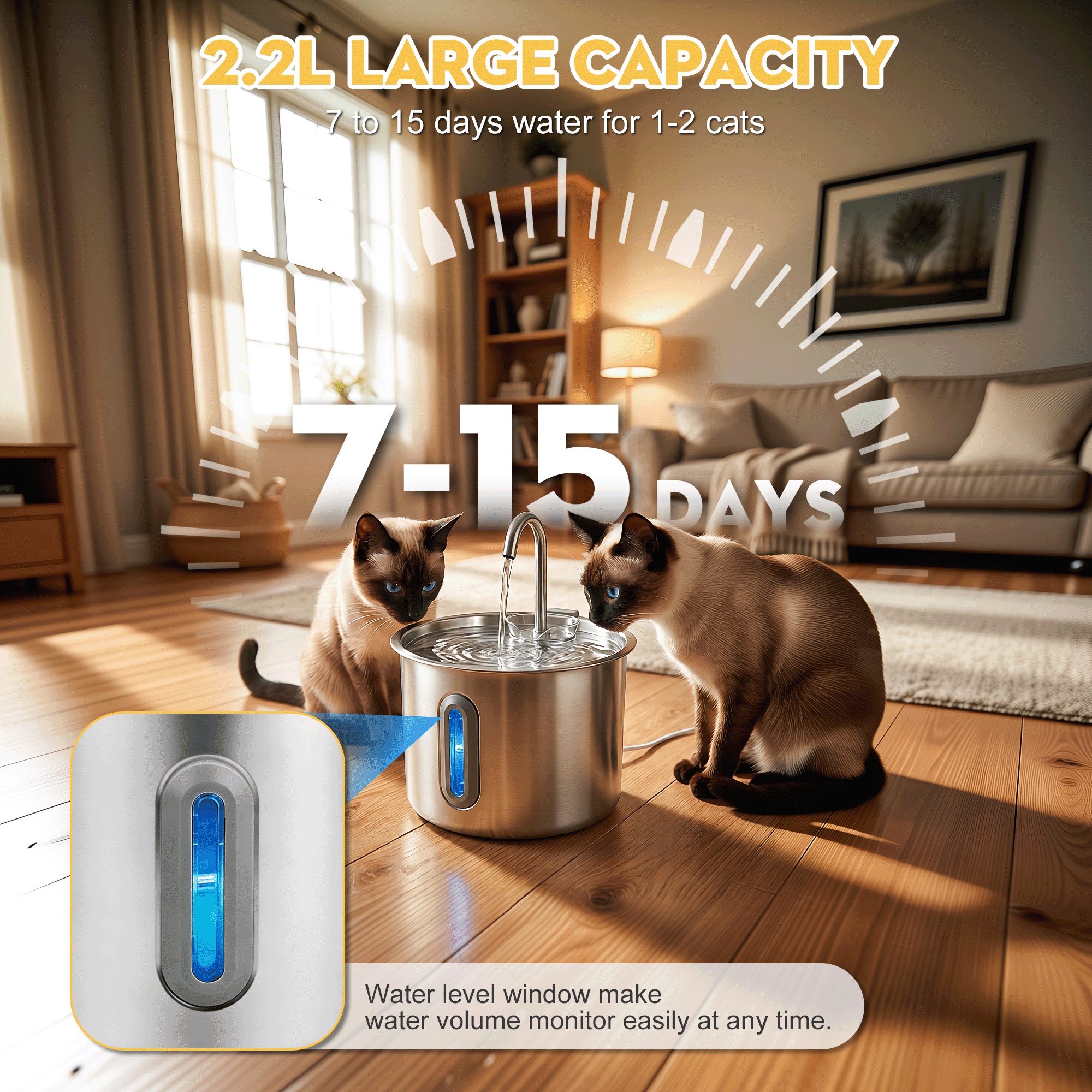 NIGHTEEN Cat Water Fountain Stainless Steel Automatic Pet Water Dispenser for Cats and Dogs with Replacement Filters, 2.2L