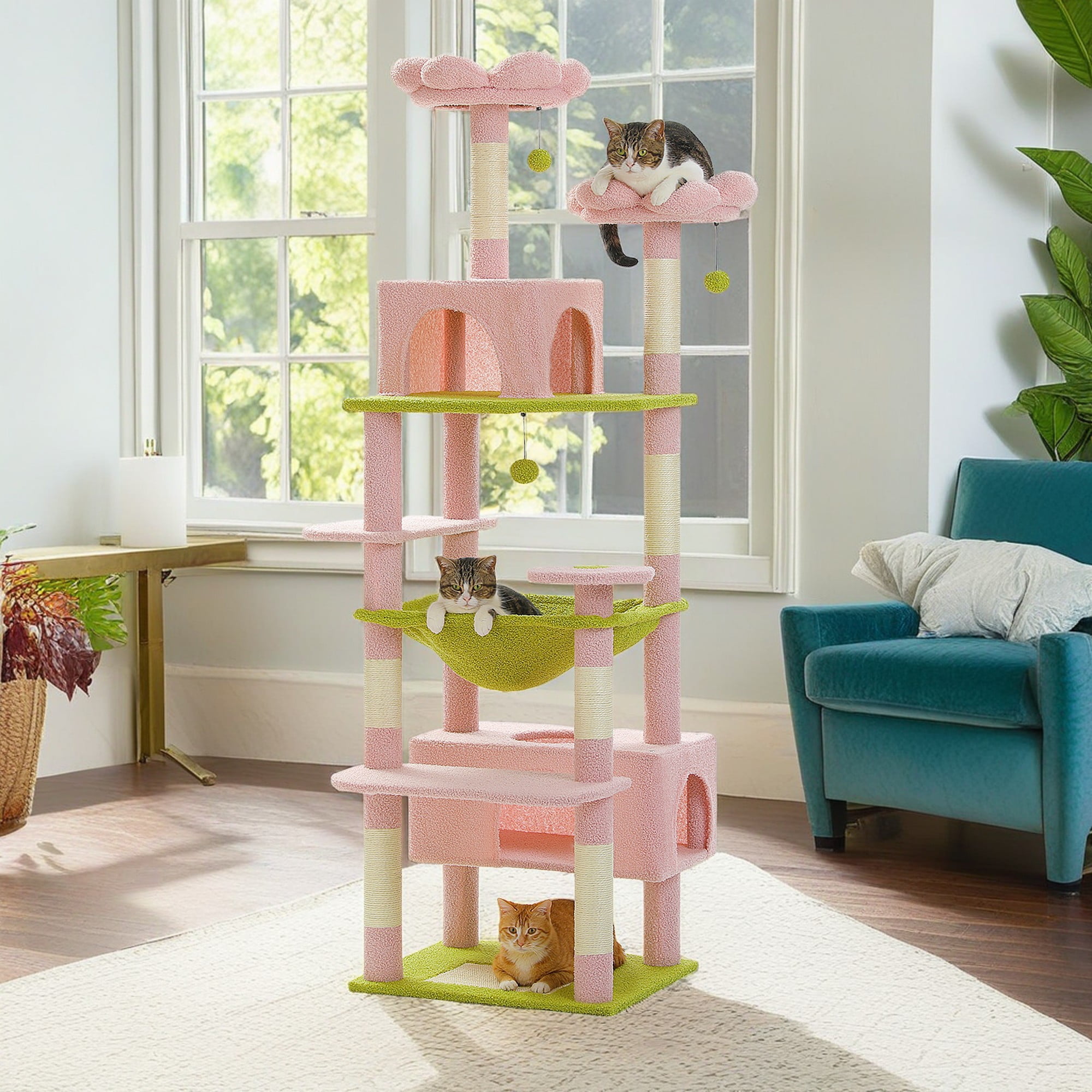 Pefilos 72" Cat Tree Tower for Large Cats, Indoor Cat Condo with Sisal-Covered Scratching Posts and Pads, 2 Padded Perch, Pink Pefilos 72" Cat Tree Tower for Large Cats, Indoor Cat Condo with Sisal-Covered Scratching Posts and Pads, 2 Padded Perch, Pink