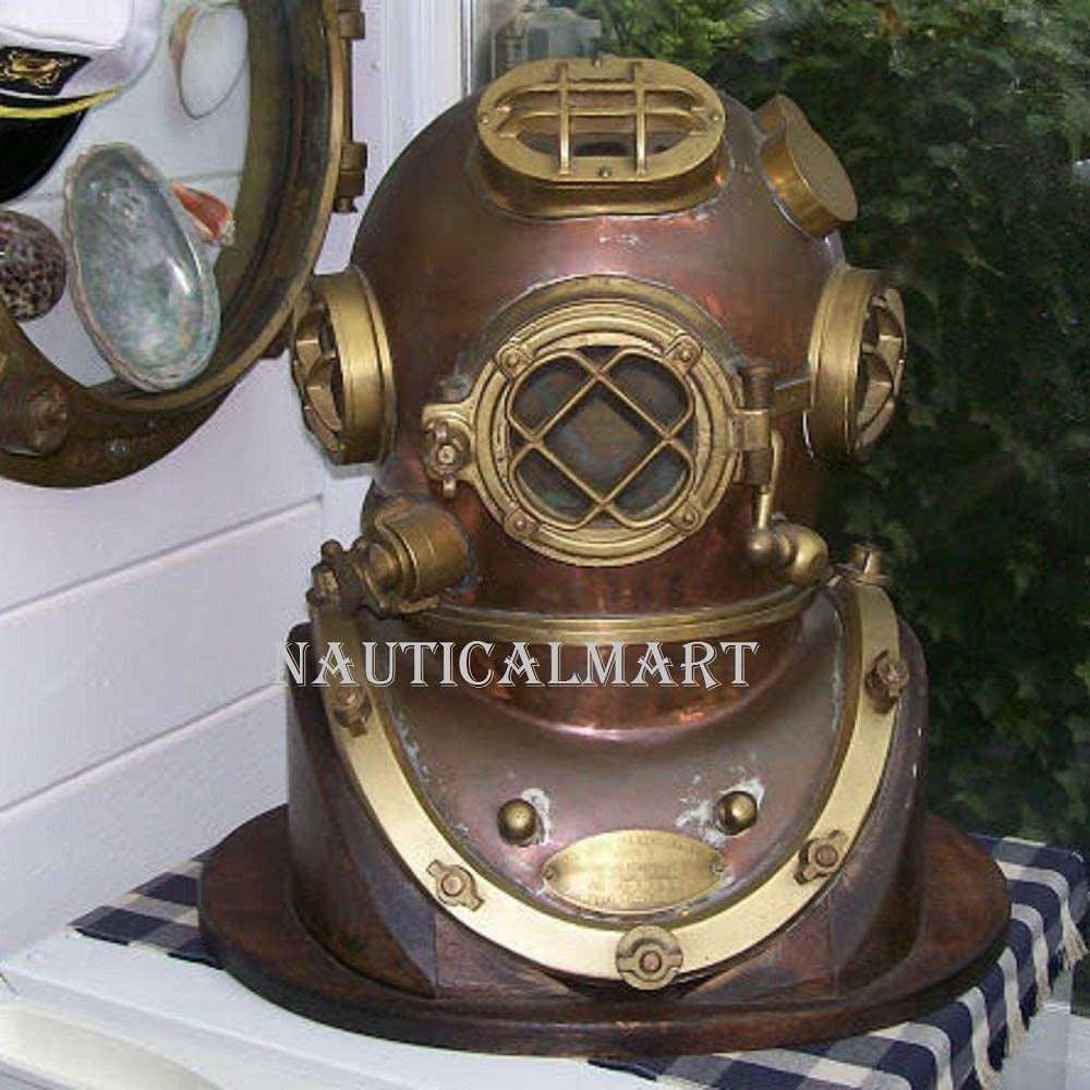 Antique Scuba Copper & Brass Diving Helmet US Navy Mark V Deep Sea Marine Divers 