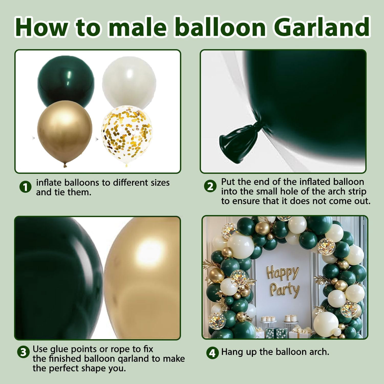 Emerald Green Pearl White Gold Balloons Arch Kit Double Stuffed Dark Green Light Pastel Sand Ivory White Metallic Gold Bobo Balloons for Wedding Baby Shower Birthday Party Decorations