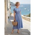 thumbnail image 6 of Womens Blue Casual Ruched Waist Pleated Round Neck Vacation Dress, 6 of 6