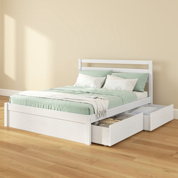 Bear Full Single Bed w/ Underbed Storage Drawers, Brushed White