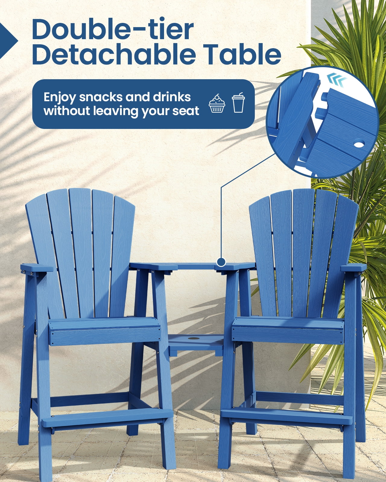 CIOKEA Tall Adirondack Chair Set of 2, All Weather HDPE Patio Chairs with Double Removable Connecting Trays for Balcony, Deck, Backyard, Patio, Garden, Blue
