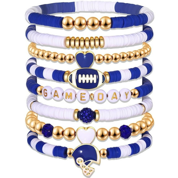 Game Day Bracelets for Women Football Bracelets Red Black Blue Heishi Clay Beaded Stretch Bracelets Stackable Sports Football Charm Bracelet Bangles Football Mom Accessories Outfits Jewelry Gifts