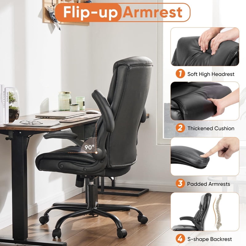 Kelno PU Leather Executive Office Chair with Flip Up Armrest Ergonomic Drafting Chair,Black