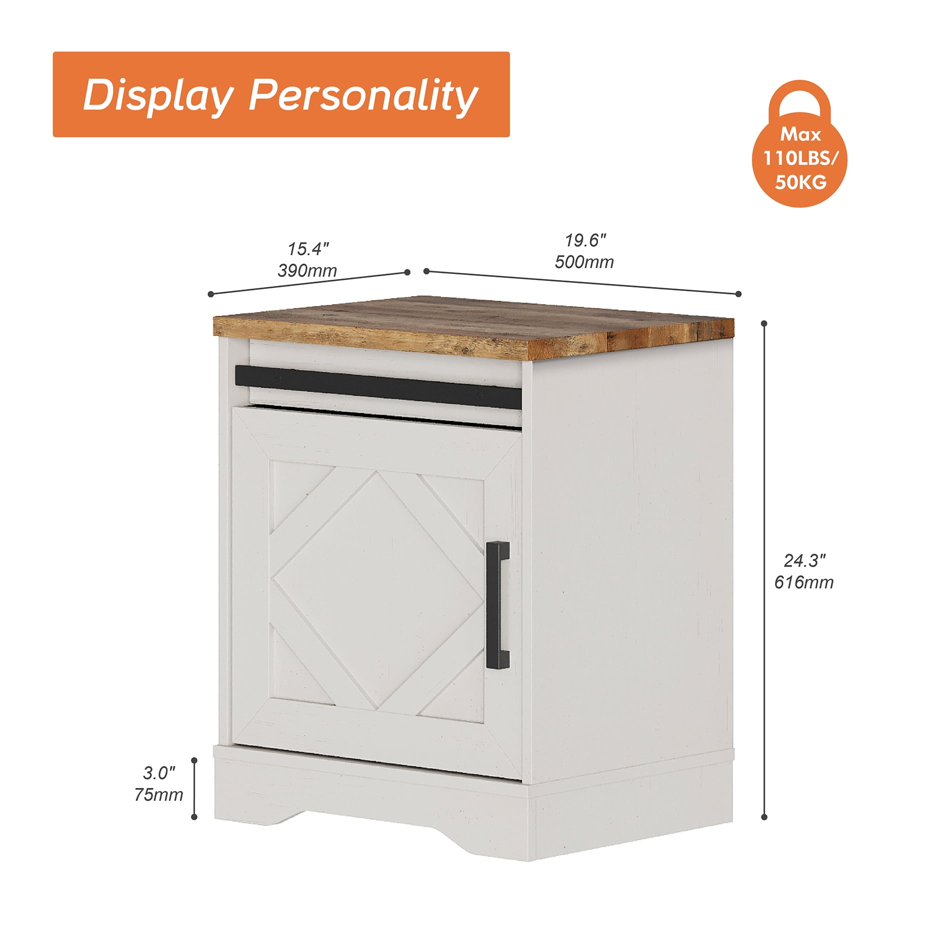 WAMPAT 24.3-inch Tall Farmhouse End Table with Drawer and Barn Door Cabinet for Living Room,Wood Scoring-Style Purposeful Distressing,Cream White
