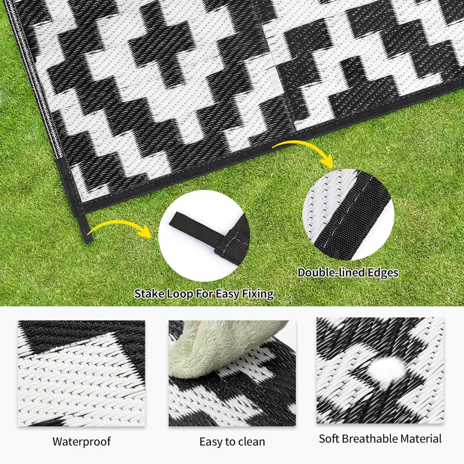 Outdoor Patio Plastic Straw Rug - 4x6 ft Outdoor Camping Rug Waterproof Reversible, Area Carpet Patios Clearance RV, Outside Porch Balcony Deck for Camper, Black & White