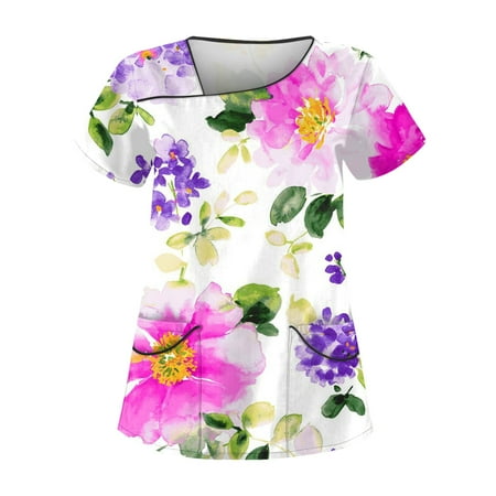 

BIZIZA Scrub Tops Women Elegant Short Sleeve with Two Pocket Scrub tops Floral Graphic V Neck Plus Size Women s Dressy Blouses and Tops Purple 2XL