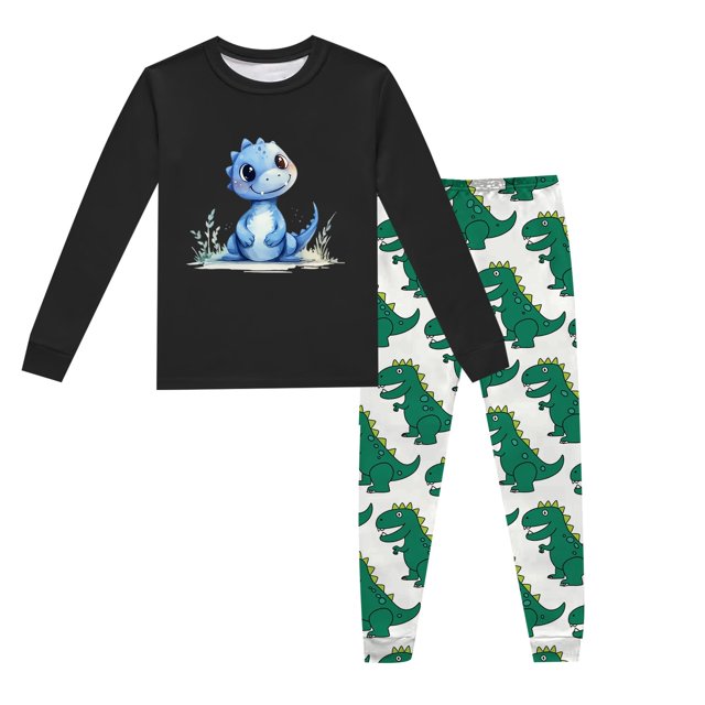 Ensembles de Pyjama Garçon Enfants Imprimé Dinosaure Col Rond Manches Longues Haut Pantalon Ensemble de Pyjama 2 Pcs Printemps Automne Pyjamas Enfants Noir 8 Ans-9 Ans