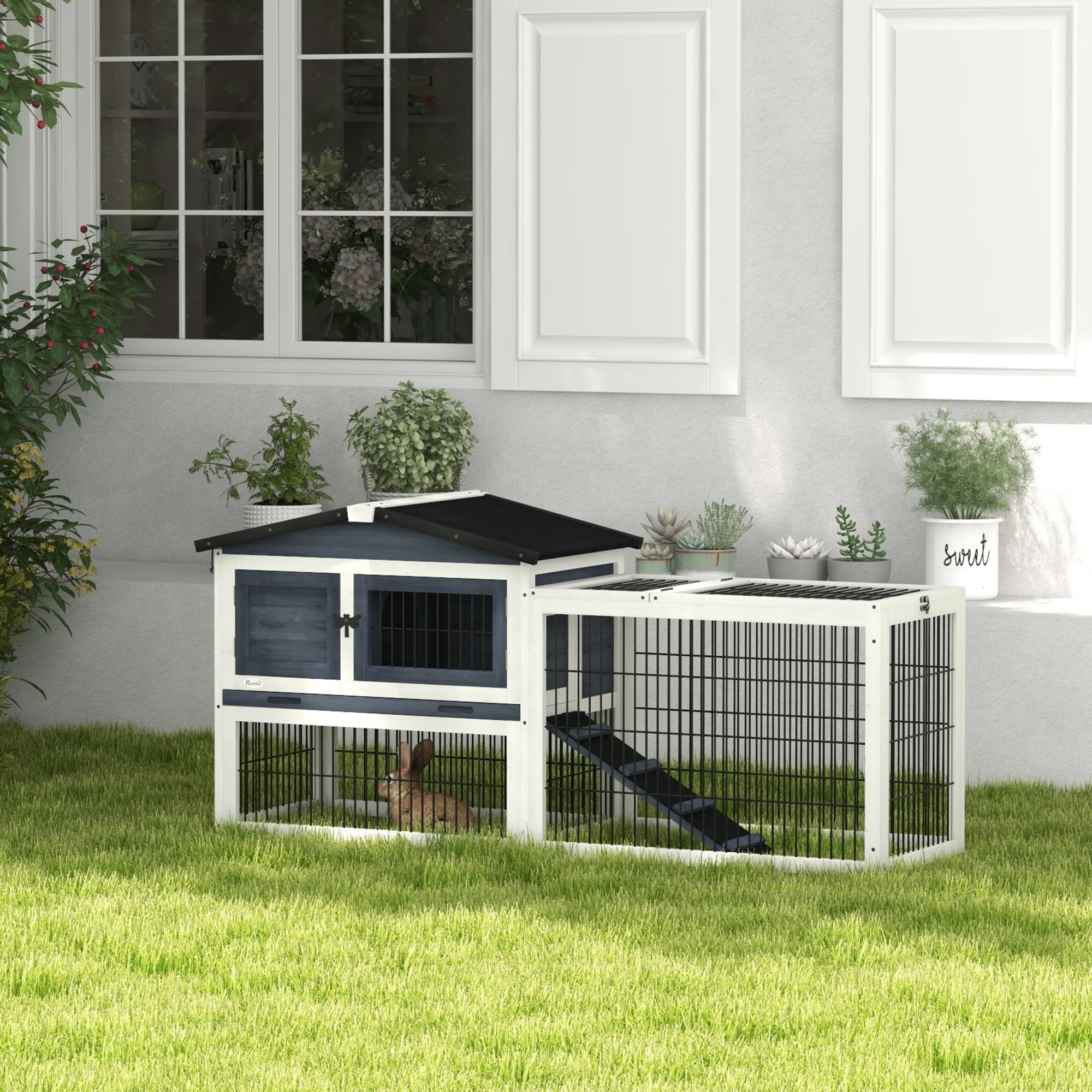 CoSoTower 2 Levels Outdoor Rabbit Hutch with Openable Top, 59" Wooden Large Rabbit Cage with Run Weatherproof Roof, Removable Tray, Ramp, Dark Gray