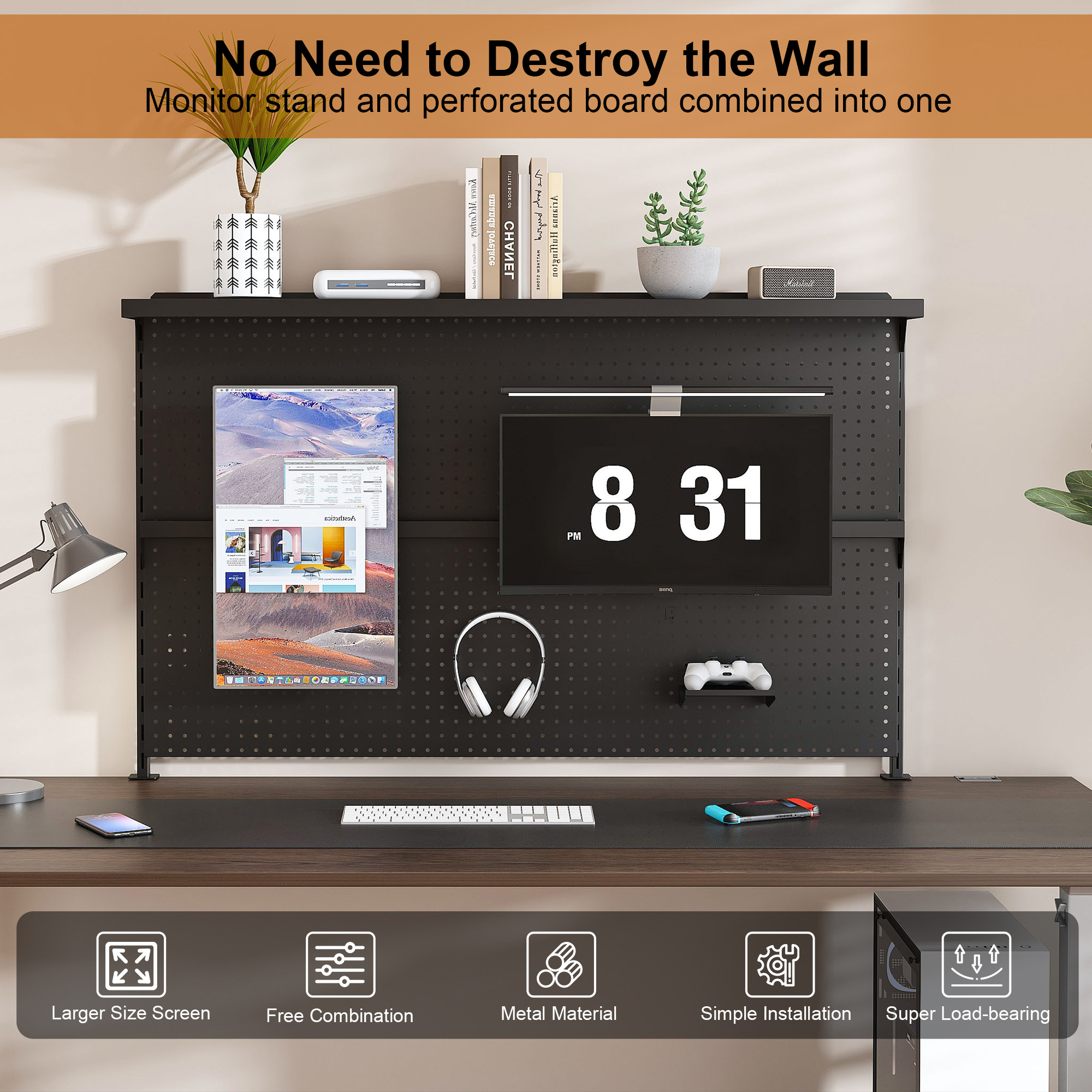 Montary Gaming & Office Desk Organizer with Dual Monitor Stand, 59x35" Metal Pegboard Privacy Panel, Black