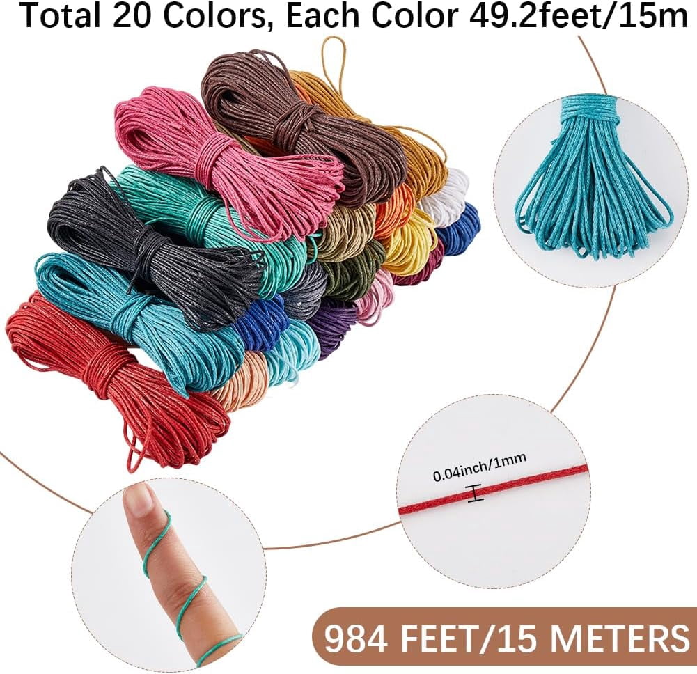 300M/984 Feet 20 Colors Waxed Cotton Cord Thread 1mm Bracelet Cord Beading String Wax Coated Cotton Cords for DIY Necklace Leather Crafts Jewelry Making Beading Crafting Accessories Colorful