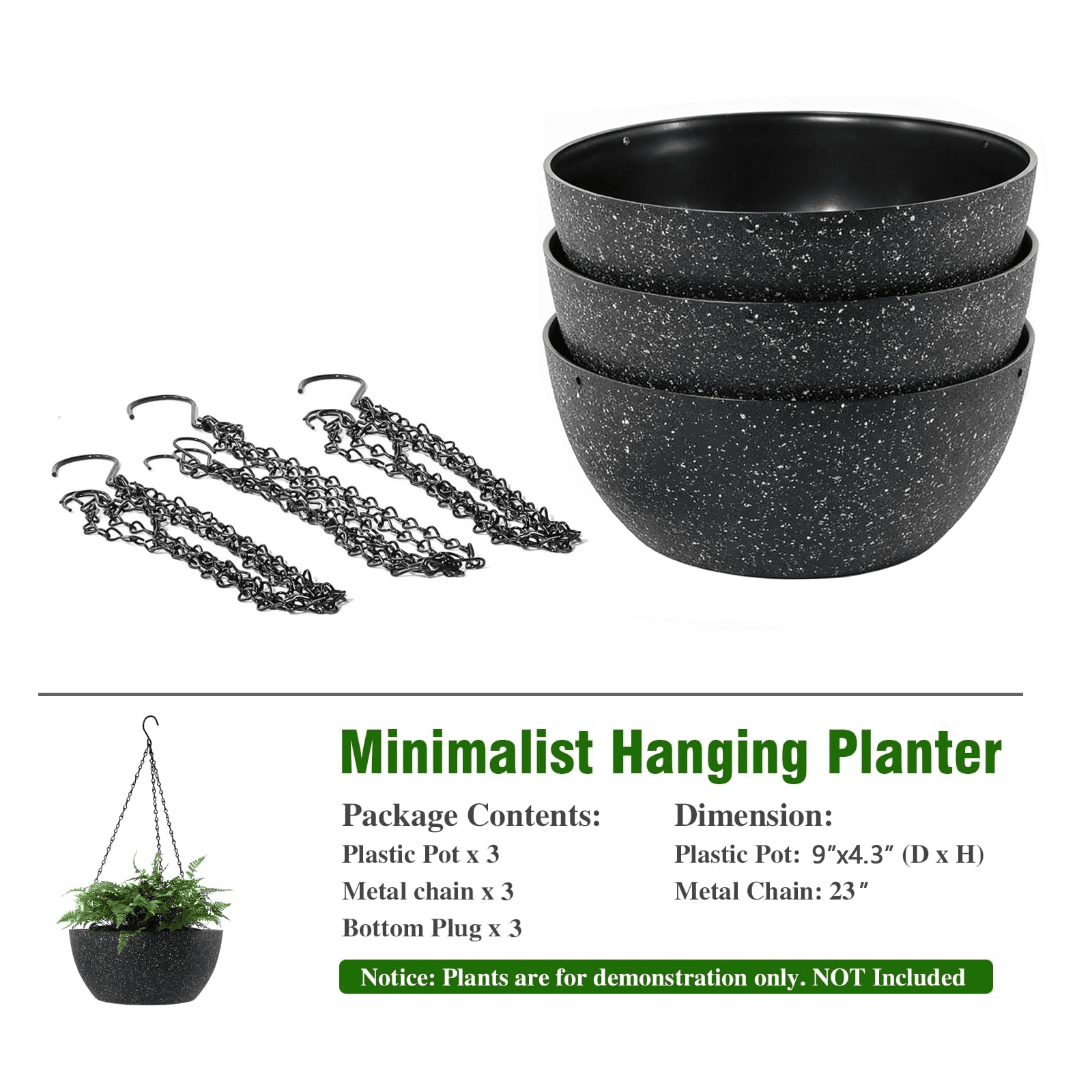 3 Pack Hanging Planters for Indoor Outdoor Plants, LAIJAUR 9 Inch Flower Pots with Drainage Holes and Chains, Plastic Hanging Baskets with S-Hooks for Home and Garden Decor, Black