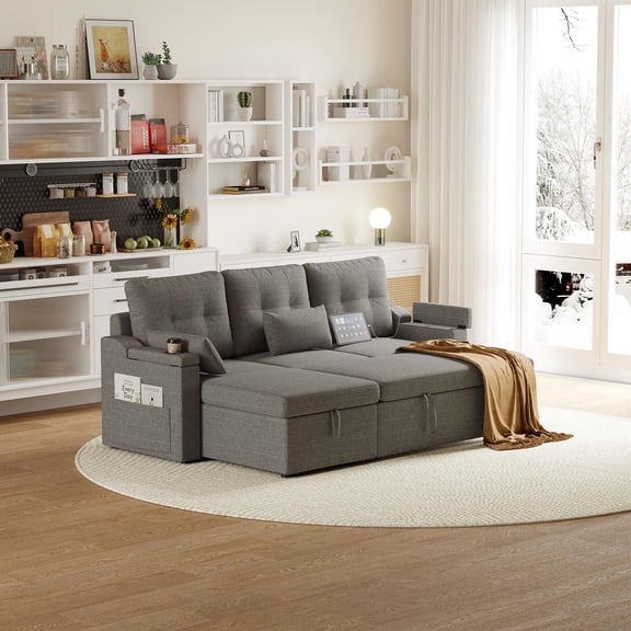 Modern Reversible Sleeper Sectional Sofa W/Pull Out Couch Bed, L-Shaped Upholstered Sofa&Couch, Convertible Sofabed with USB Ports & Side Pockets