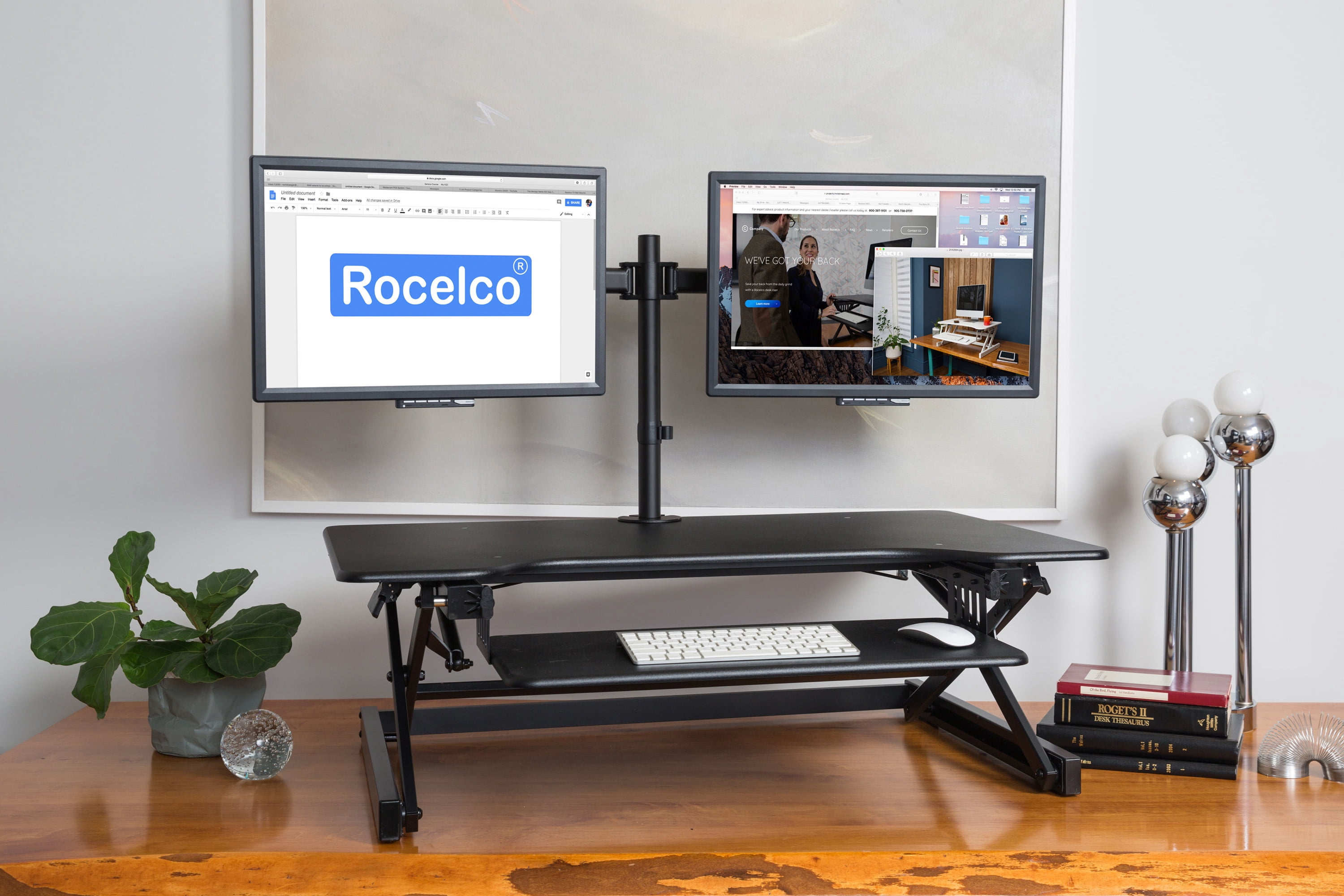 Rocelco 40" Height Adjustable Standing Desk Converter BUNDLE | Sit Stand Computer Workstation Gas Spring Riser with Dual Monitor and Retractable Keyboard Tray | Black (R DADRB-40-DM2)