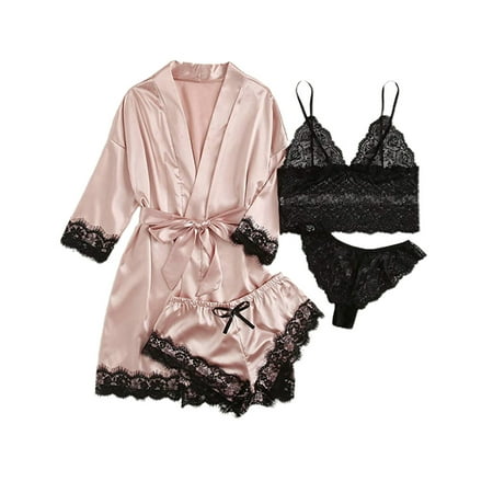 

Hanerdun Women 4PCS Satin Pajama Set Lace Cami Top & Briefs & V-neck Satin Robe & Briefs Pink XL
