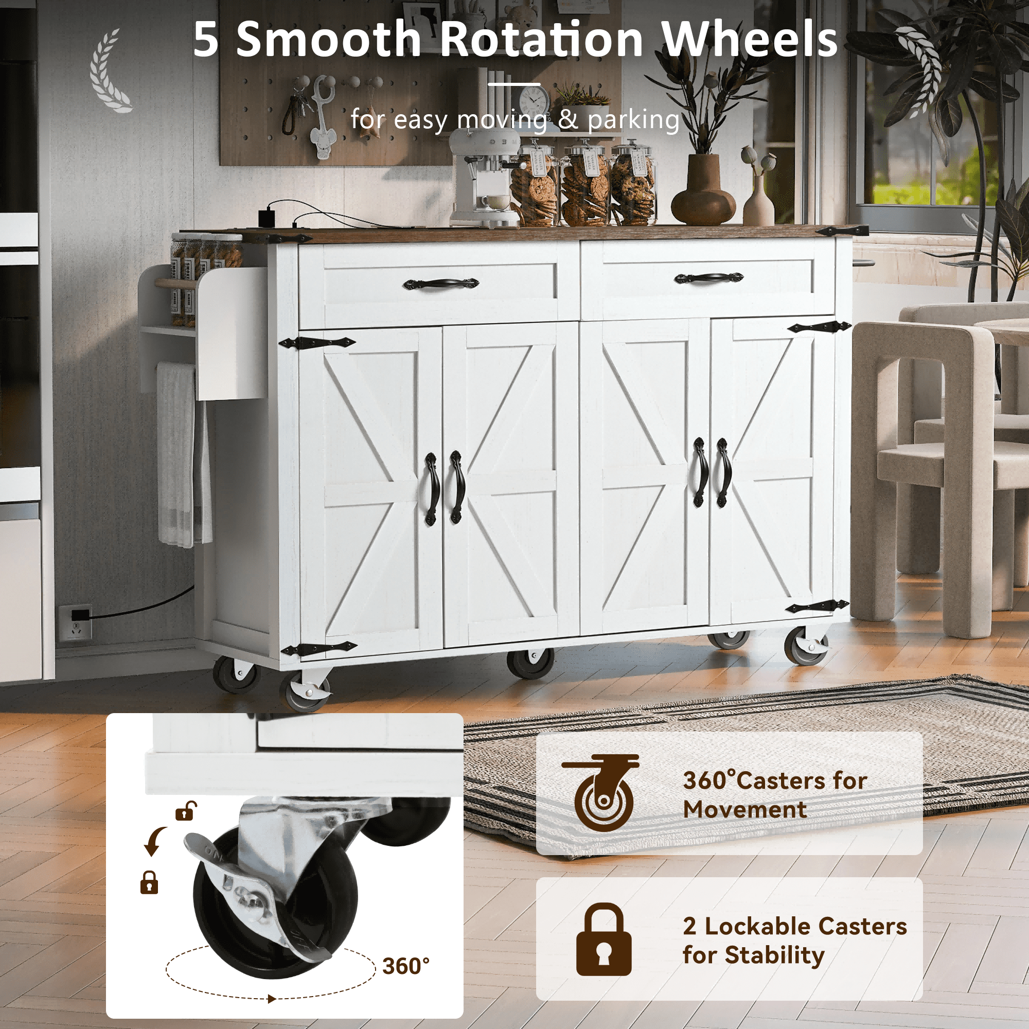 DTTRA 53.5'' Farmhouse Kitchen Island with Power Outlet, Kitchen Storage Island with Drop Leaf, Spice Rack and Drawer, Rolling Kitchen Cart on Wheels, for Home, Kitchen and Dining Room, White