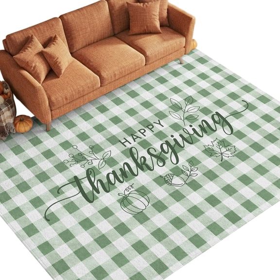 Happy Thanksgiving Washable Area Rug 5 x 7 ft Sage Green White Plaid Rustic Leaf Pumpkins Soft Non‑Slip Rugs Stain Repellent Indoor Mats for Living‑Room, Formal Dining Room, Recreation Room