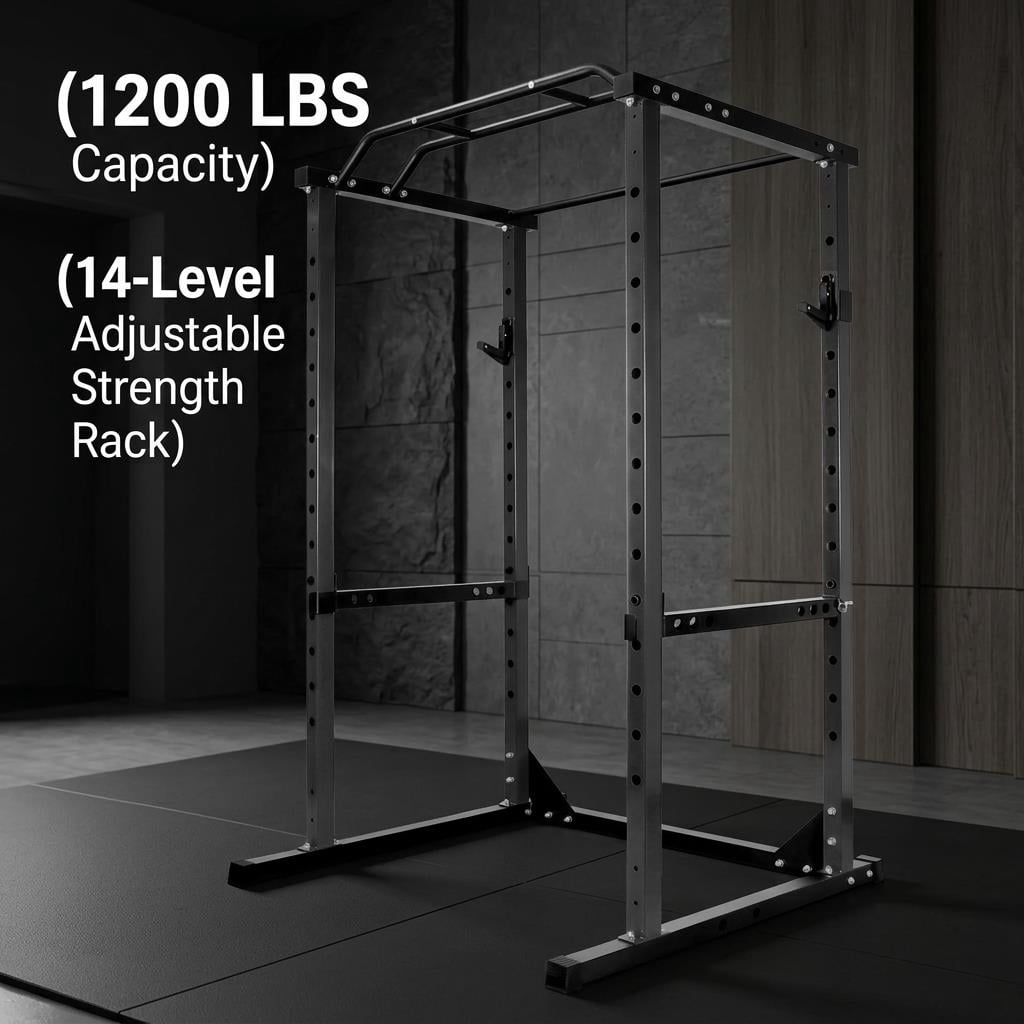 Tanfengu 1200 lbs Power Cage, Heavy-Duty Steel Squat Rack with Adjustable Safety Bars & Multi-Grip Pull-Up Bar for Home Gym Strength Training（Black)