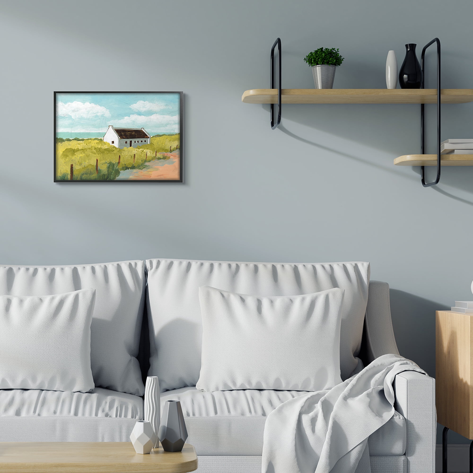 Stupell Industries White Cabin Architecture Grassy Coastal Beach Landscape Black Framed, 16 x 20, Design by Bart E. Slyp