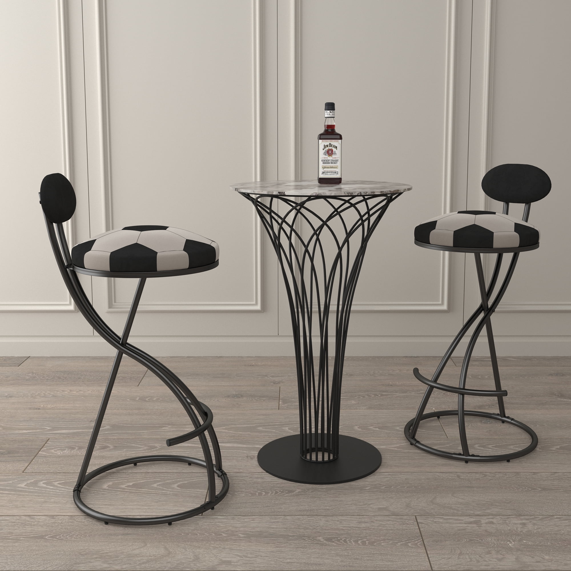 S Shaped Football Print Bar Stools Set of 2 Velvet Upholstered Seat with Metal Frame Themed Counter Stools for Game Room Kitchen
