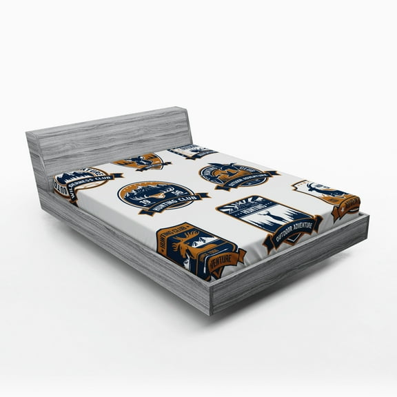 Hunting Fitted Sheet, Shield Set Hunting Sports Club Emblems with Animals, Soft Decorative Fabric Bedding, Full Size, Dark Blue White Brown, by Ambesonne